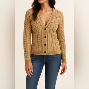J. Crew Camel Cable-Knit V-Neck Button Cardigan
